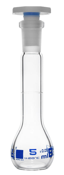 Volumetric Flask, 5ml - Class B Tolerance ±0.05ml - 10/19 Polyethylene Stopper - Single, White Graduation - Borosilicate Glass