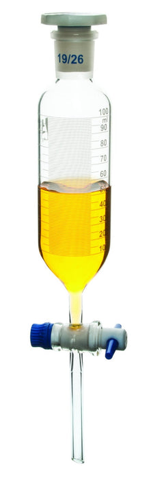 Dropping Funnel, 500mL - Cylindrical, Graduated - With 29/32 Plastic Stopper & PTFE Stopcock - Borosilicate Glass