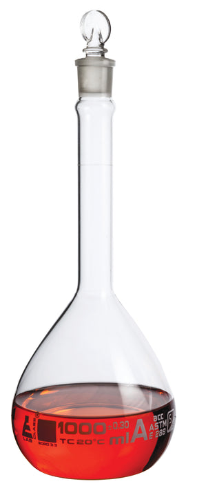 Volumetric Flask, 1000ml - Class A, ASTM - Tolerance ?é??0.300 ml - Glass Stopper - Single, White Graduation