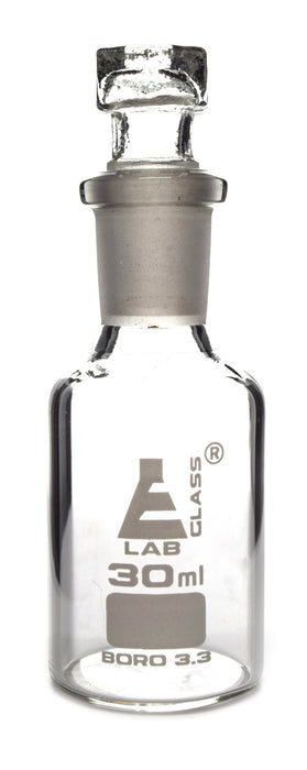 Reagent Bottle, 30mL - Clear - Narrow Neck - With Interchangeable Hexagonal Glass Stopper - Borosilicate Glass