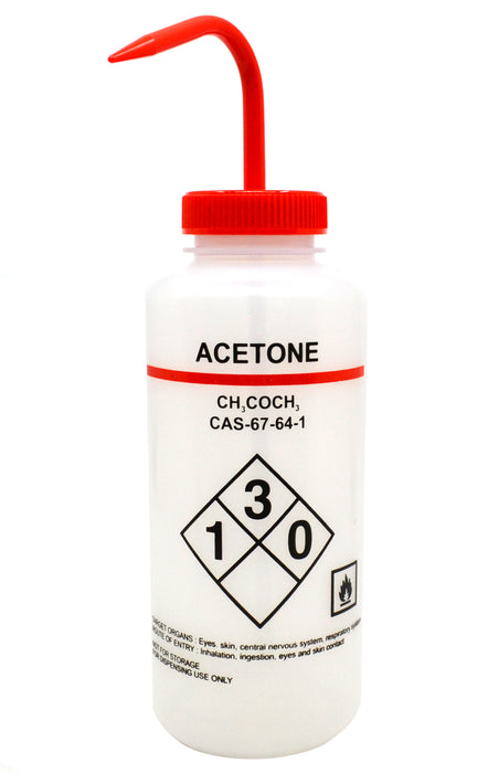 1000ml Capacity Labelled Wash Bottle for Acetone, Self Venting, Low Density Polyethylene - Eisco Labs