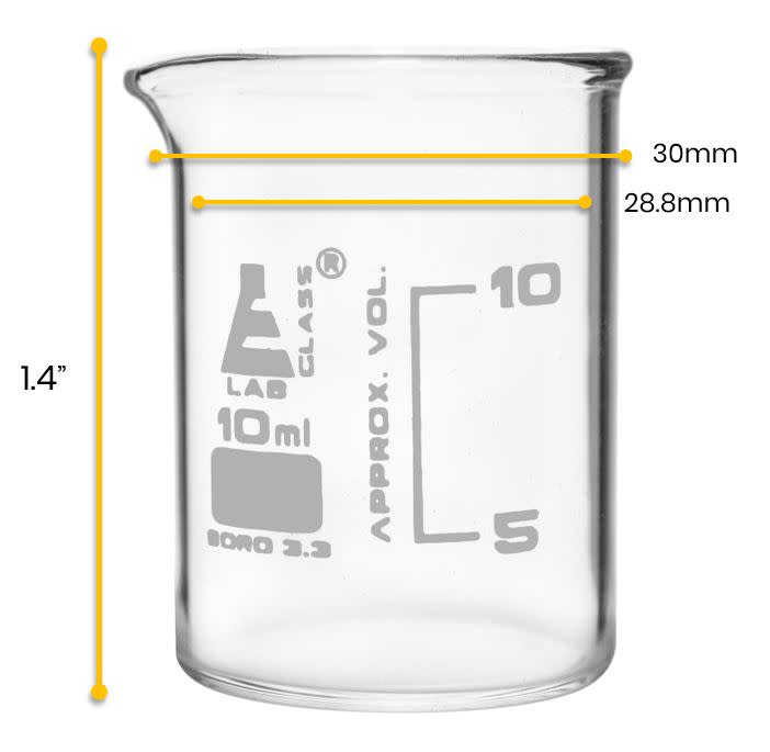 12PK Beakers, 10ml - ASTM - Low Form - Graduated - Borosilicate Glass