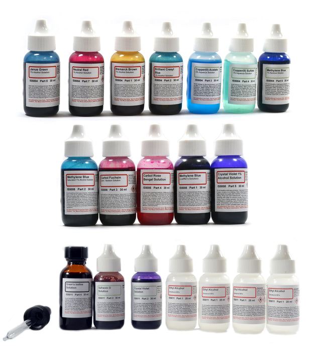 Complete Stain Kit - Vital Stain, Bacteria Stain, and Gram's Stain Chemicals Set - 19 Bottles Total