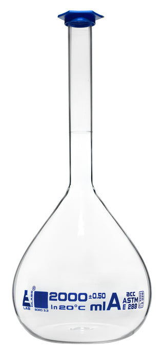 Volumetric Flask, 2000ml - ASTM, Class A Tolerance Â±0.50 ml - Blue Snap Cap - Single, White Graduation, Blue Printed Specifications - Borosilicate 3.3 Glass - Eisco Labs