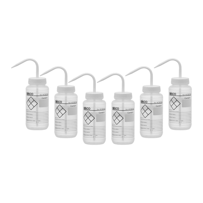 6PK Chemical Wash Bottle, Blank Labels, 500ml - Wide Mouth, Self Venting, Low Density Polyethylene - Performance Plastics by Eisco Labs