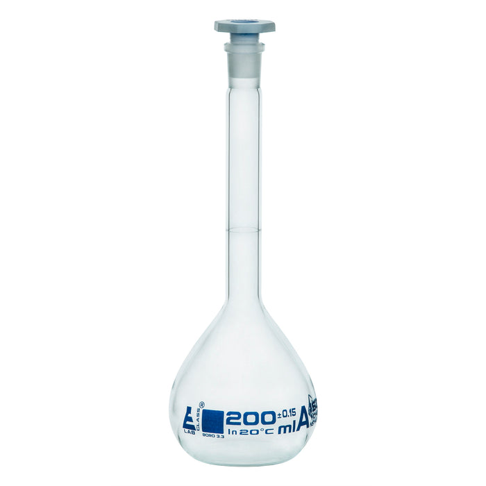 Volumetric Flask, 200ml - Class A - 14/23 Polyethylene Stopper, Borosilicate Glass - Blue Graduation, Tolerance ±0.150