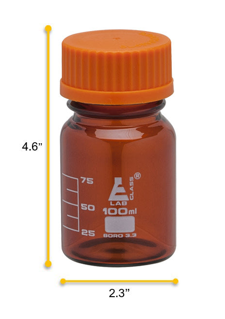 Reagent Bottle, 100ml - Amber - With Screw Cap - Borosilicate Glass