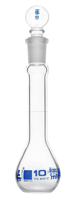 Volumetric Flask, 10ml - Fitted with Solid Glass Stopper - Class A, Tolerance Â±0.020 ml - Blue Graduation Mark - Borosilicate Glass - Eisco Labs