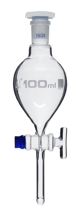 Dropping Funnel, 100mL - Pear-Shaped - With 19/26 Plastic Stopper & Glass Key Stopcock - Borosilicate Glass