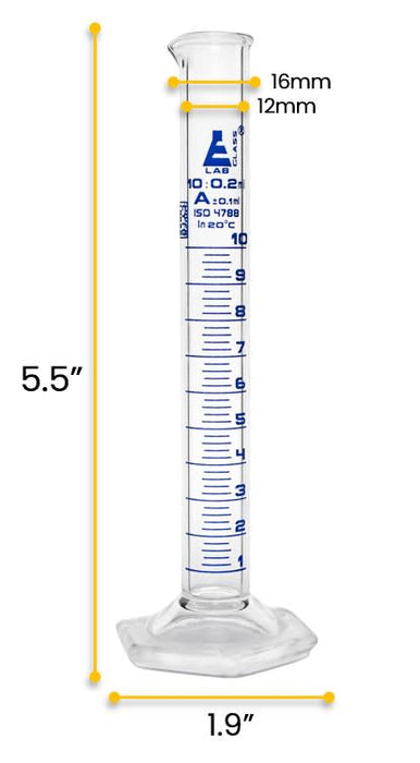 Graduated Cylinder, 10ml - Class A - Blue Graduations - Hexagonal Base