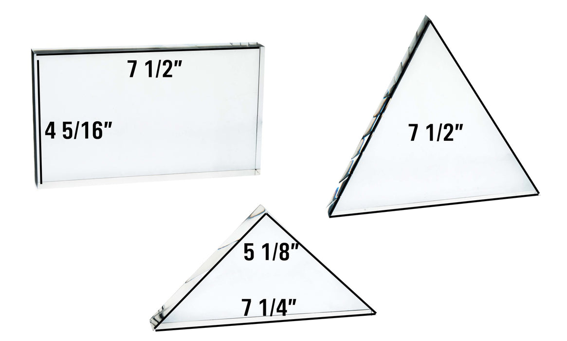 Set 3 Large Acrylic Blocks for Light and Prism Demonstrations - Rectangle (7.5"x4.3"), Equilateral Triangle (7.5"), Right Isosceles Triangle (7.25" x 5.1") - All 0.91"/23mm Thick