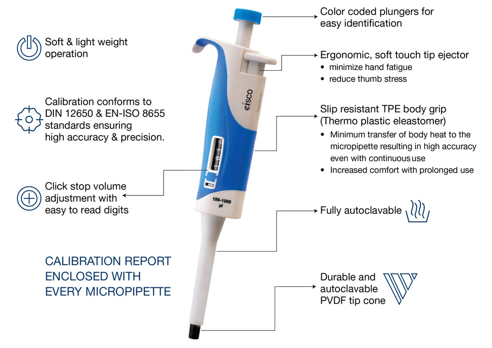 Variable Volume Micropipette, 5-50uL Range - 0.50uL Increments - Autoclavable