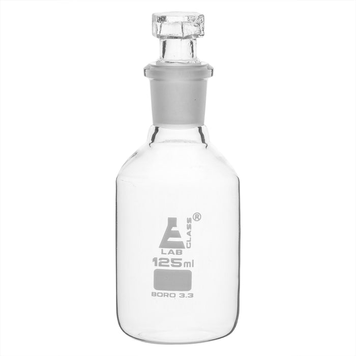 Reagent Bottle, 125mL - Clear - Narrow Neck - With Interchangeable Hexagonal Glass Stopper - Borosilicate Glass
