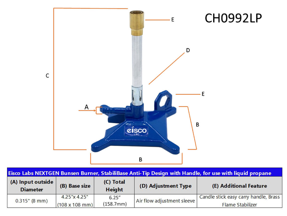 Bunsen Burner, LPG - Flame Stabilizer, StabiliBase, Anti-Tip Design