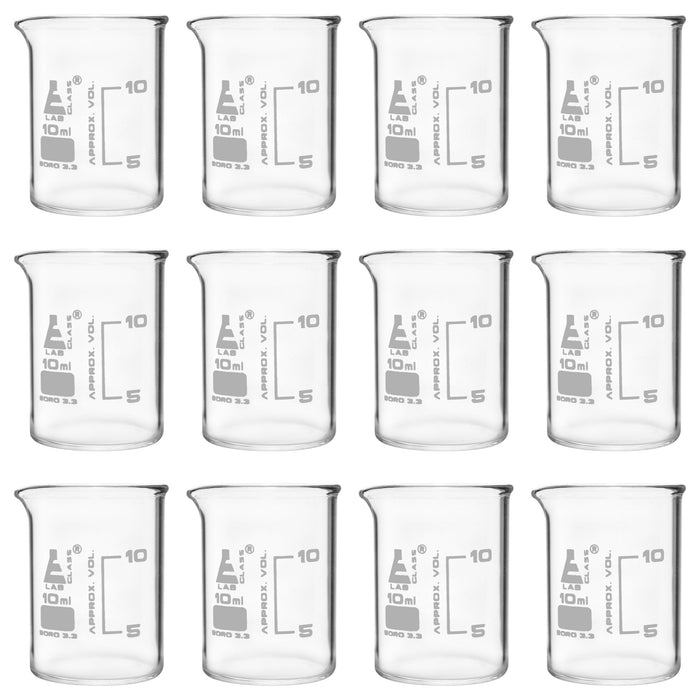 12PK Beakers, 10ml - ASTM - Low Form - Graduated - Borosilicate Glass