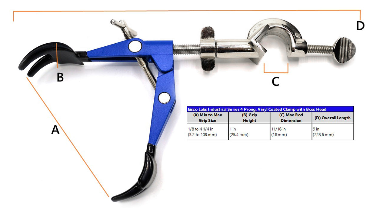 4 Prong, Vinyl Coated Clamp on Swivel Bosshead - 4.1" Max Opening