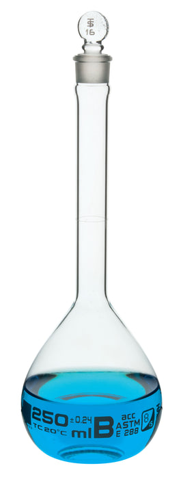 Volumetric Flask, 250ml - Fitted with Solid Glass Stopper - Class B, Tolerance ±0.24 ml - White Graduation Mark - Borosilicate Glass - Eisco Labs