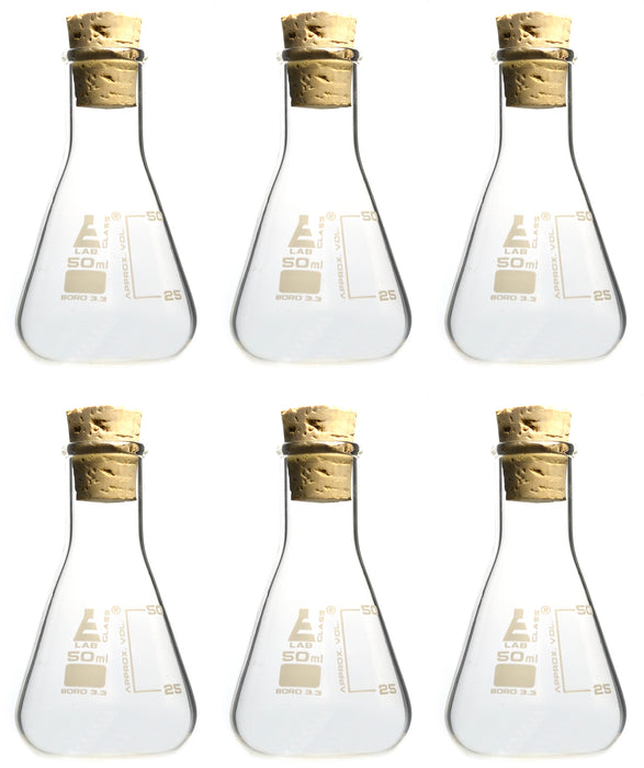 Pack of 6 Borosilicate Flasks with Cork Stoppers, 50mL