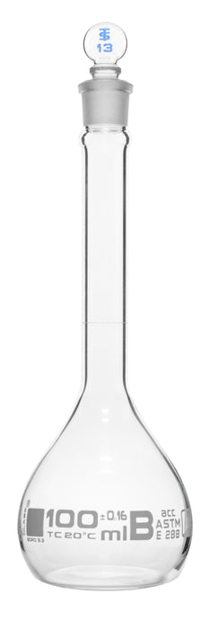 Volumetric Flask, 100ml - Fitted with Solid Glass Stopper - Class B, Tolerance ±0.160 ml - White Graduation Mark - Borosilicate Glass - Eisco Labs