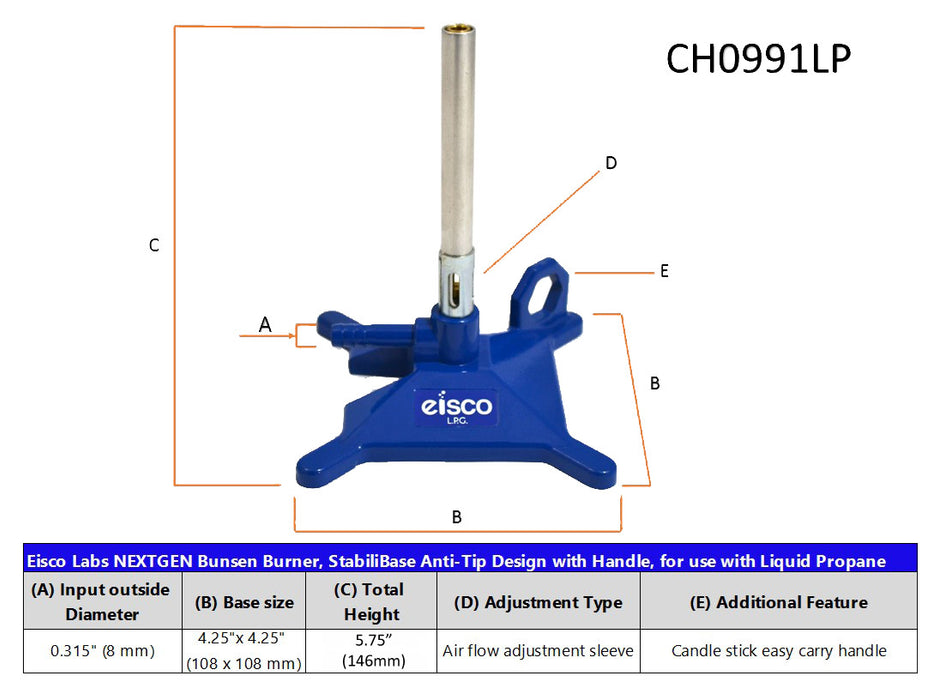 Bunsen Burner, LPG - StabiliBase, Anti-Tip Design