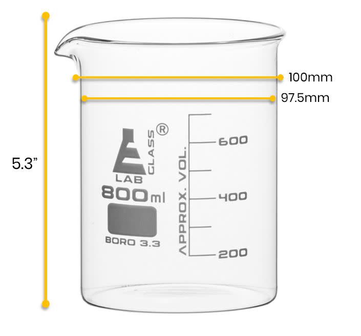 6PK Beakers, 800ml - Low Form - 100ml Graduations - Borosilicate Glass