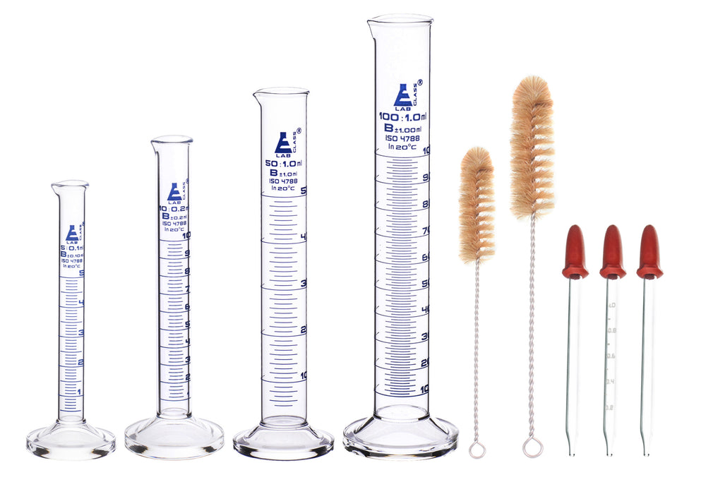 Graduated Cylinders, Cleaning Brushes, and Glass Droppers 9 Piece Set - Class B - 5mL, 10mL, 50mL, 100mL - Borosilicate Glass
