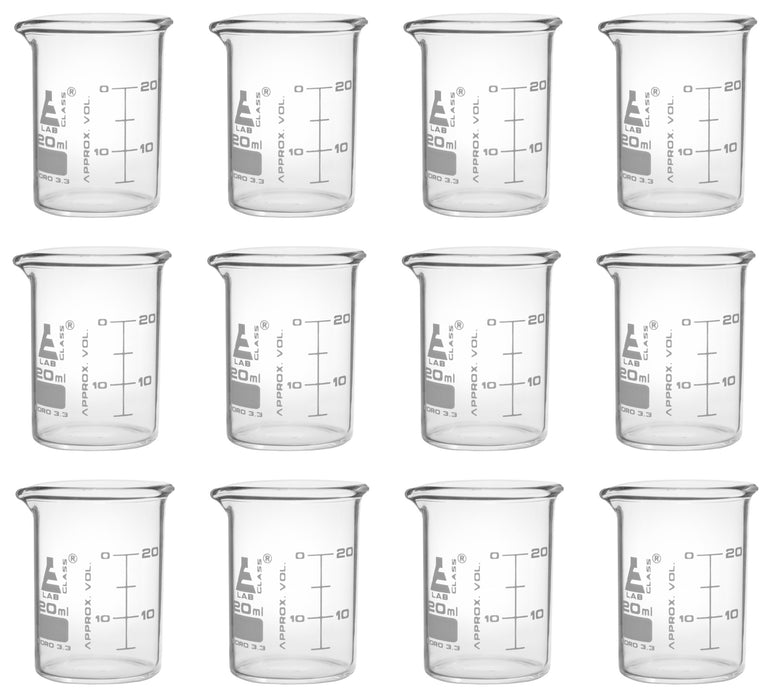 12PK Beakers, 20ml - ASTM - Low Form - Graduated - Borosilicate Glass