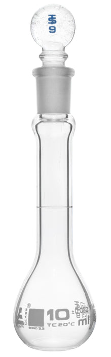 Volumetric Flask, 10ml - Fitted with Solid Glass Stopper - Class A, Tolerance ±0.020 ml - White Graduation Mark - Borosilicate Glass - Eisco Labs