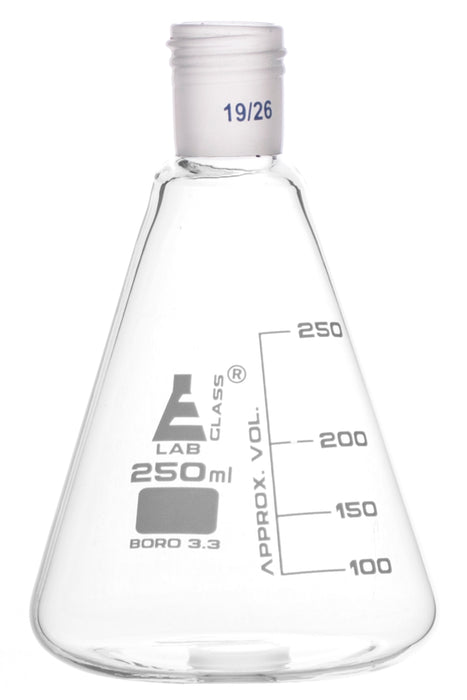 Erlenmeyer Flask with 19/26 Joint, 250ml Capacity, 50ml Graduations, Interchangeable Screw Thread Joint, Borosilicate Glass - Eisco Labs