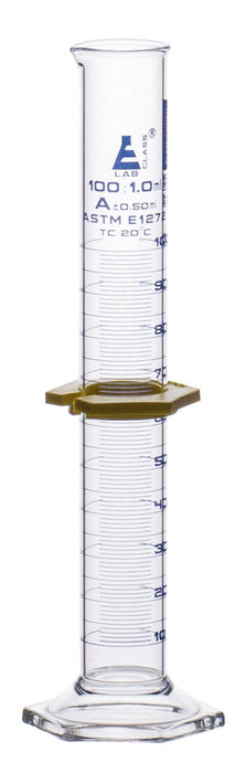 Graduated Cylinder, 100mL - ASTM Class A - Protective Collar - Hexagonal Base - Blue Graduations - With Individual Work Certificate - Borosilicate Glass