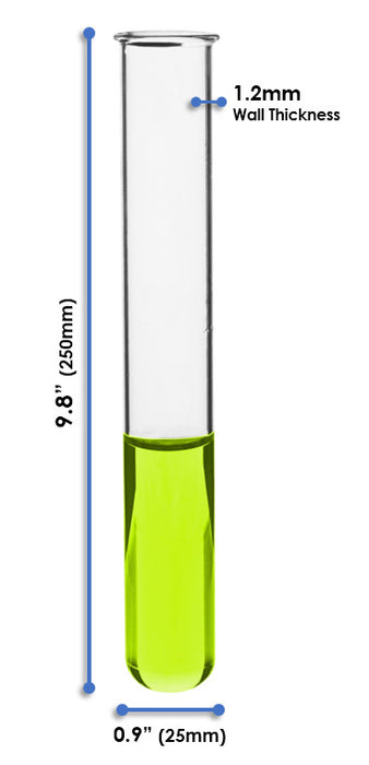 24PK Test Tubes, 85mL, 25x250mm - Rimmed - Marking Spot - Light Wall, 1.2mm Thick - Borosilicate 3.3 Glass