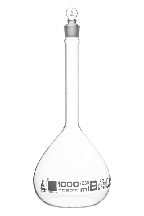 Volumetric Flask, 1000ml - Class B, ASTM - Tolerance ±0.600 ml - Glass Stopper -  Single, White Graduation - Eisco Labs