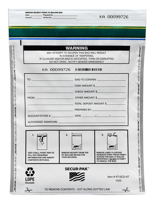 Secur-Pak Deposit Bags - Pack of 100 - Bill Capacity, 6,000 - Premium, Level 4 Security Tamper Evident, White Security Bags - Self Sealing, Opaque 2.5 Mil Plastic - 15" x 20" - SECUR-PAK