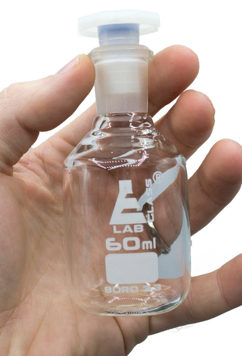 Reagent Bottle, 60mL - Clear - With Acid-Proof Polypropylene Stopper - Borosilicate Glass