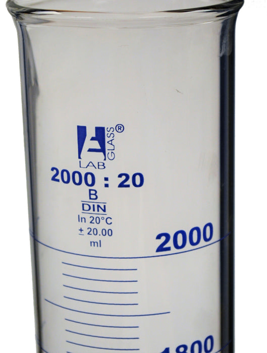Graduated Cylinder, 2000ml - Class B - Blue Graduations - Hexagonal Base