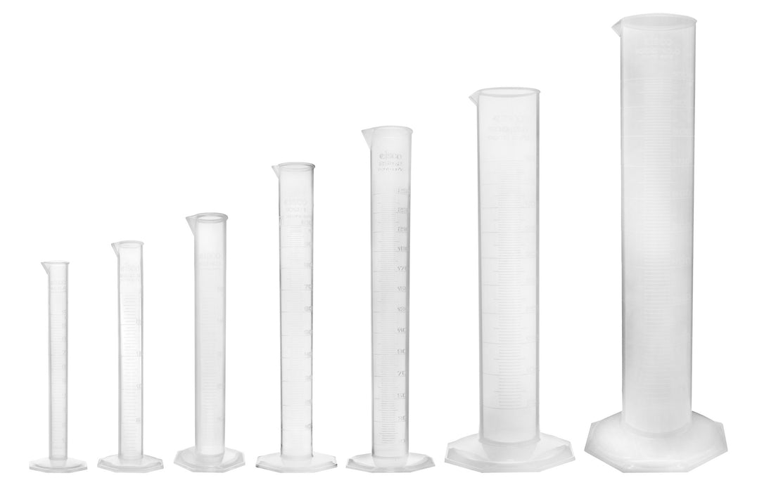 7 Piece Graduated Cylinder Set - Class B - Polypropylene - 10ml, 25ml, 50ml, 100ml, 250ml, 500ml & 1000ml - Raised Graduations - Octagonal Base