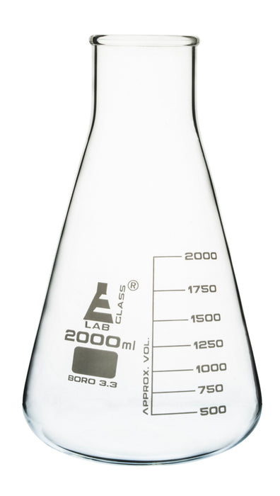 Eisco Labs Glass Erlenmeyer (Conical) Wide Neck Flask 2000ml, Borosilicate ( Single flask ) with 250ml graduations