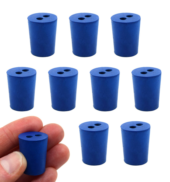 Neoprene Stopper, 2 Holes - Blue, Size: 15mm Bottom, 18mm Top, 24mm Length - Pack of 10