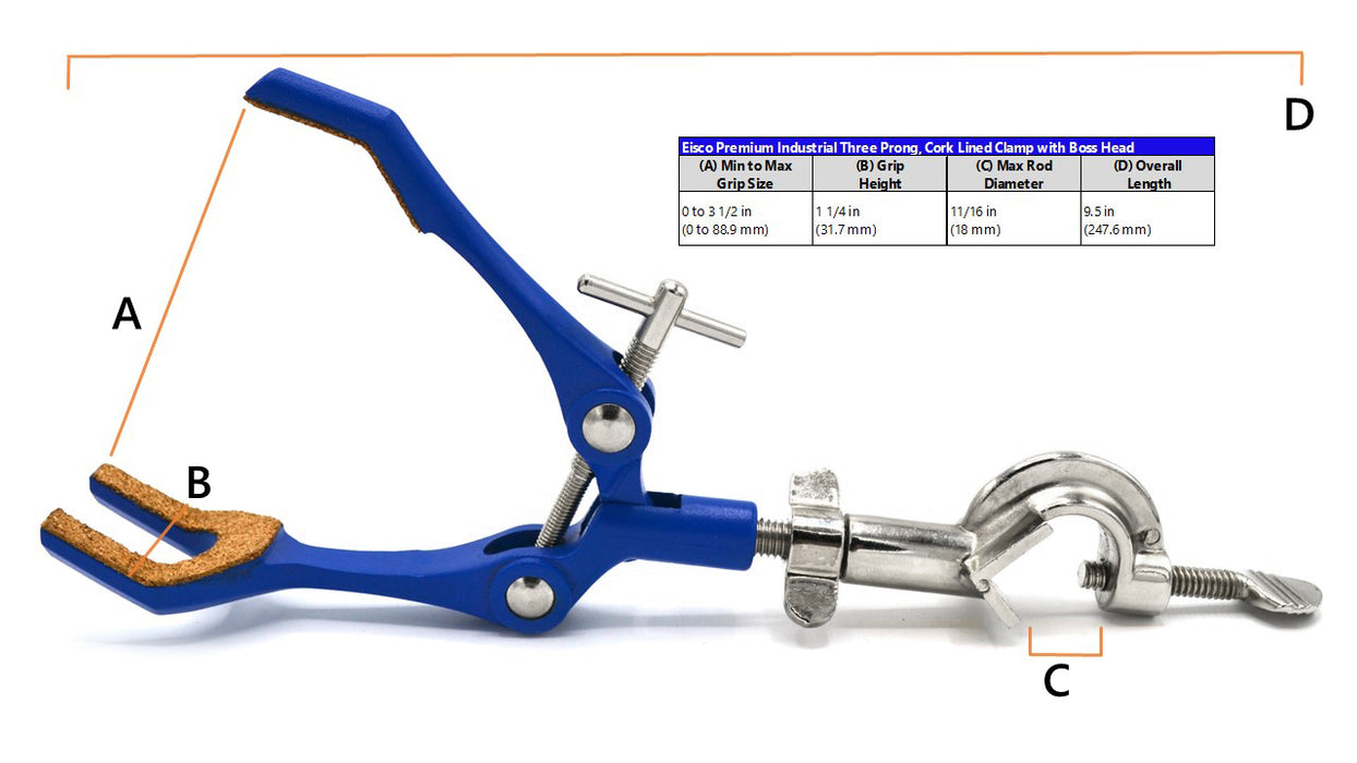 3 Finger Cork Lined Extension Clamp on Bosshead - 3.4" Max Opening