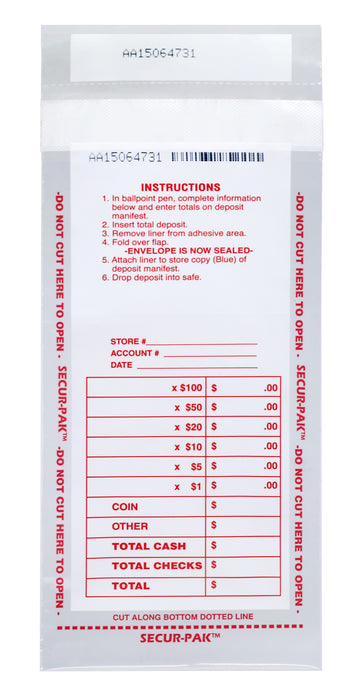 250PK Drop Safe Cash Deposit Bag, 4.5"x9" Transparent, Tamper Resistant Closure with Serialized Numbers - Secur-Pak