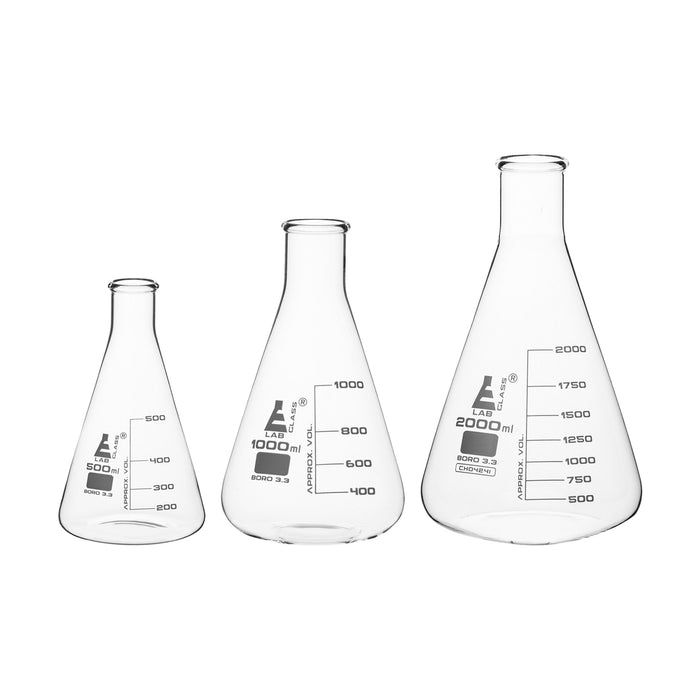 Premium Erlenmeyer Flask Set - 500ml, 1000ml & 2000ml - Narrow Neck, White Graduations - Superior Durability & Chemical Resistance - Borosilicate 3.3 Glass - Eisco Labs