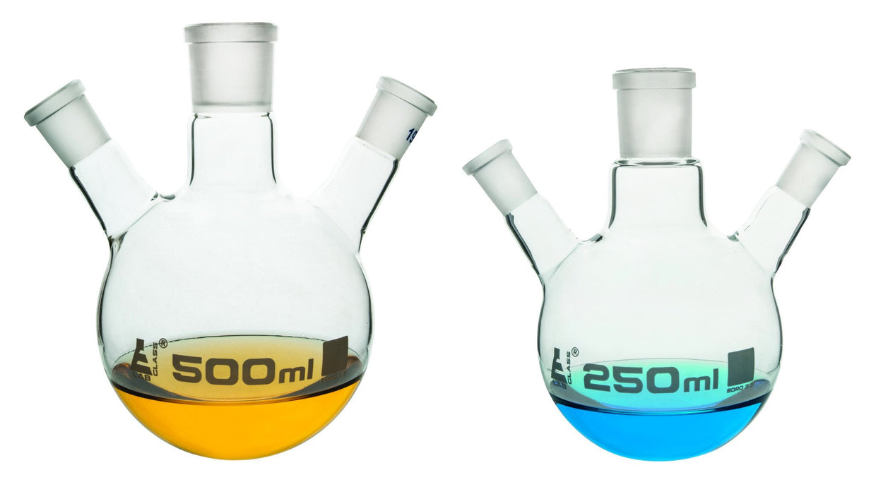 Distilling Flask, 100ml - Three Necks, At Angle - Center Socket Size 24/29, Side Sockets Size 14/23 - Round Bottom - Borosilicate Glass - Eisco Labs