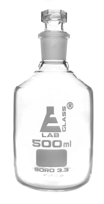 Reagent Bottle, 500mL - Clear - Narrow Neck - With Interchangeable Hexagonal Glass Stopper - Borosilicate Glass