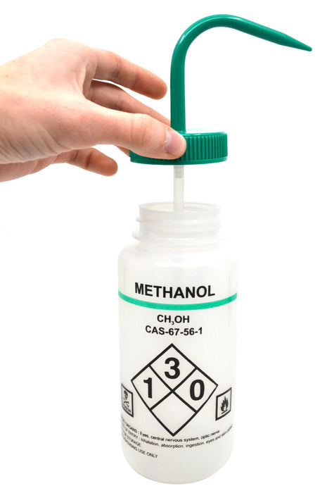 500ml Capacity Labelled Wash Bottle for Methanol - Color Coded Green - Self Venting, Low Density Polyethylene - Eisco Labs