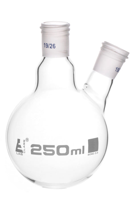 Distillation Flask with 19/26 Joints, 250ml Capacity, Two Necks, Interchangeable Screw Thread Joint, Borosilicate Glass - Eisco Labs