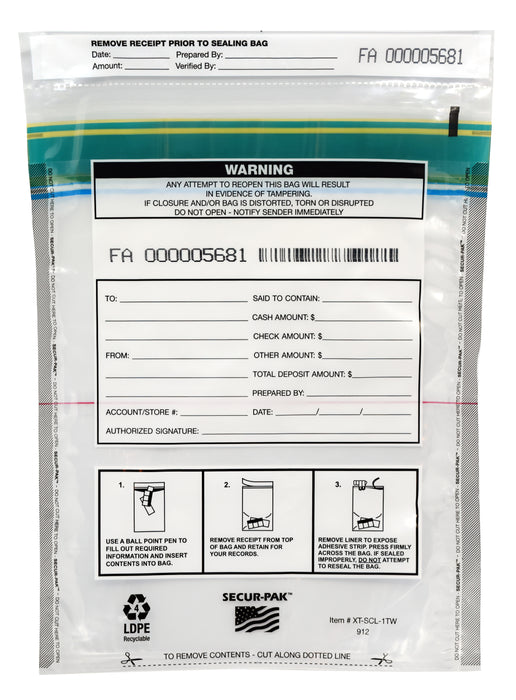 Secur-Pak Deposit Bags with Pocket - Pack of 100 - Premium, Level 4 Security Tamper Evident, Clear Security Bags - Self Sealing, Transparent 2.5 Mil Plastic - 9" x 12" - SECUR-PAK