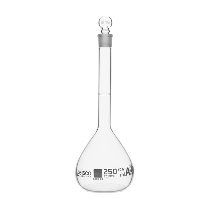 Volumetric Flask, 250ml - Class A, ASTM - Tolerance ?é??0.120 ml - Glass Stopper - Single, White Graduation