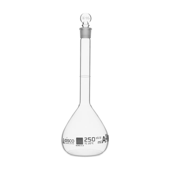 Volumetric Flask, 250ml - Class A, ASTM - Tolerance ±0.120 ml - Glass Stopper - Single, White Graduation
