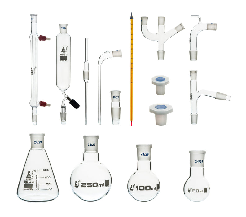 Eisco Labs Advanced Organic Chemistry Distillation Glassware Set, 17 Piece, 22 Interchangeable Fittings, Borosilicate Glass