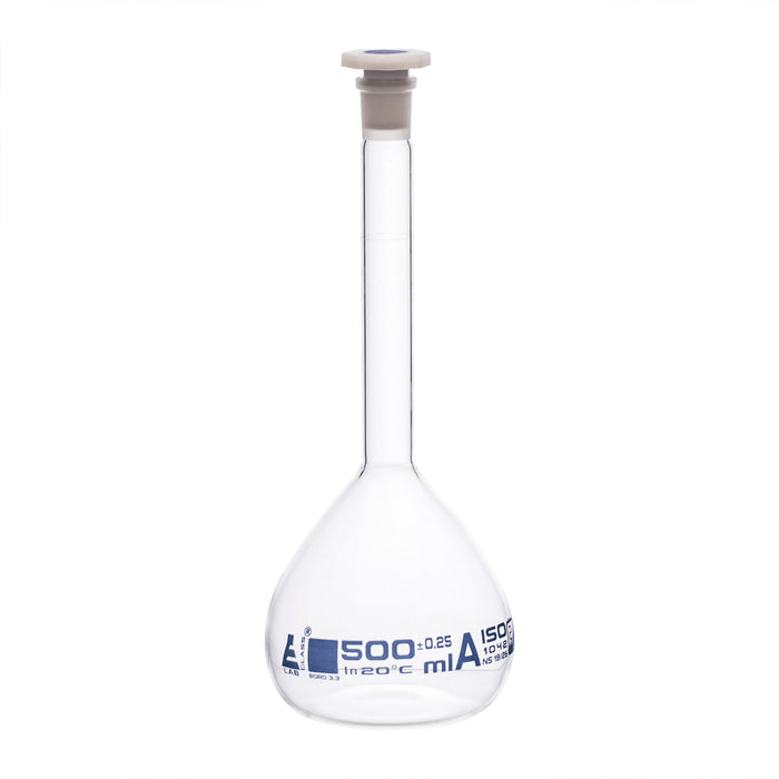 Volumetric Flask, 500ml - Class A - 19/26 Polyethylene Stopper, Borosilicate Glass - Blue Graduation, Tolerance ±0.250